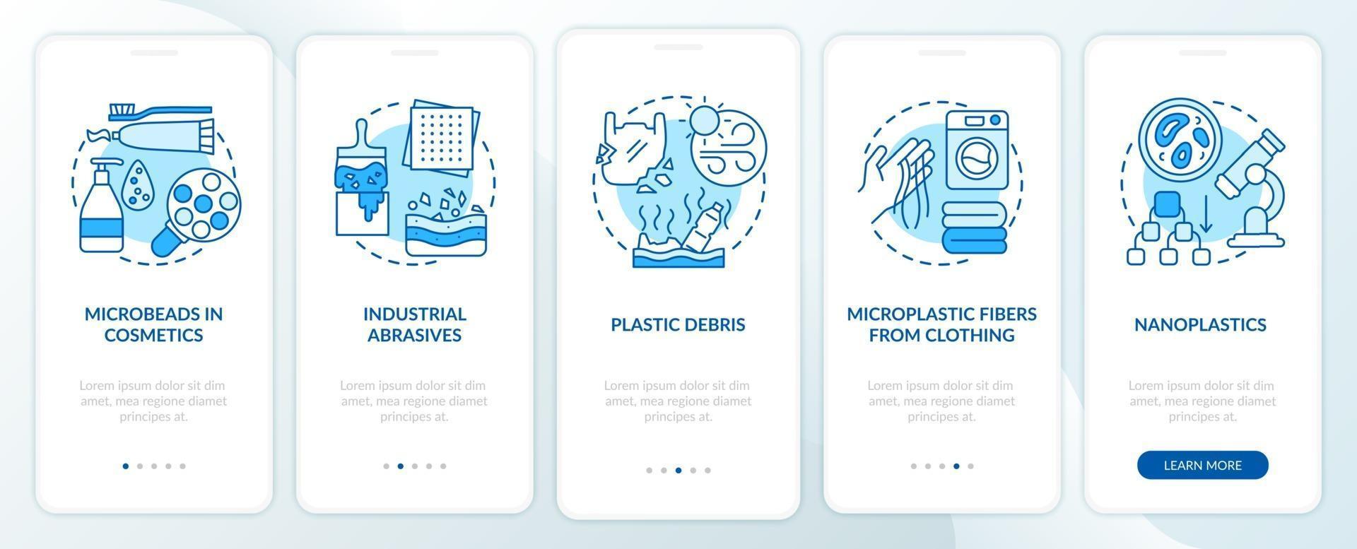 Microplastics sources and types onboarding mobile app page screen with concepts vector