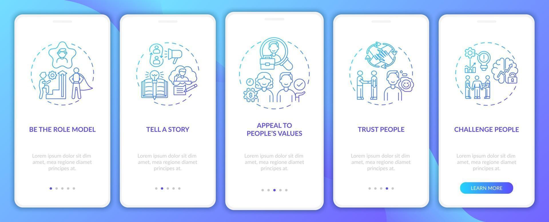 Tips of how to motivate people onboarding mobile app page screen with concepts vector