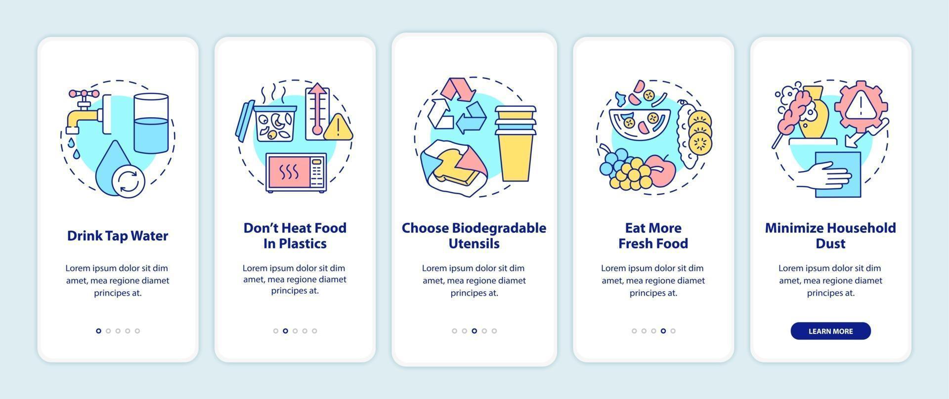 Avoiding microplastics tips onboarding mobile app page screen with concepts vector