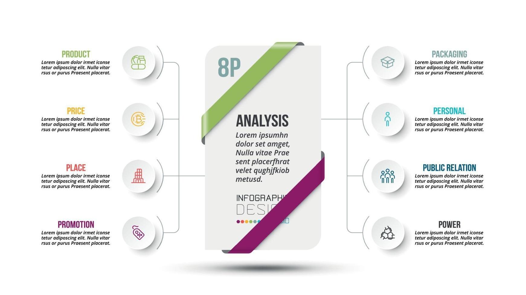 Plantilla de infografía de diagrama de marketing o negocio de análisis 8p. vector