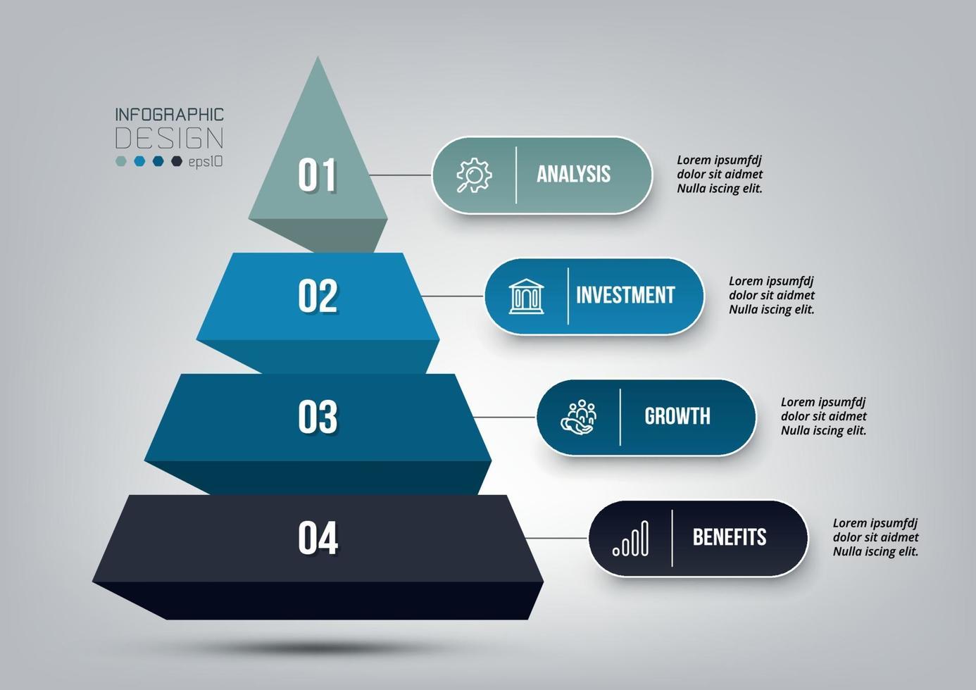 Plantilla de infografía de flujo de trabajo de proceso de 4 pasos de pirámide. vector