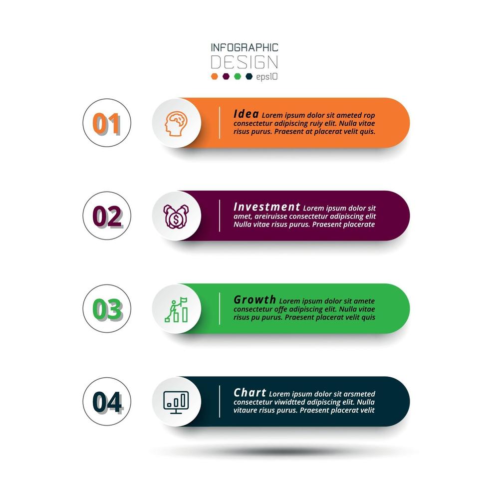 flujo de trabajo de forma de etiqueta 4 pasos que describen los procedimientos de trabajo, mostrando los procesos y funciones de trabajo. diseño infográfico. vector