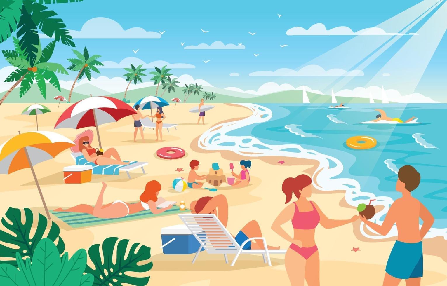 People Enjoying Summer at The Beach vector