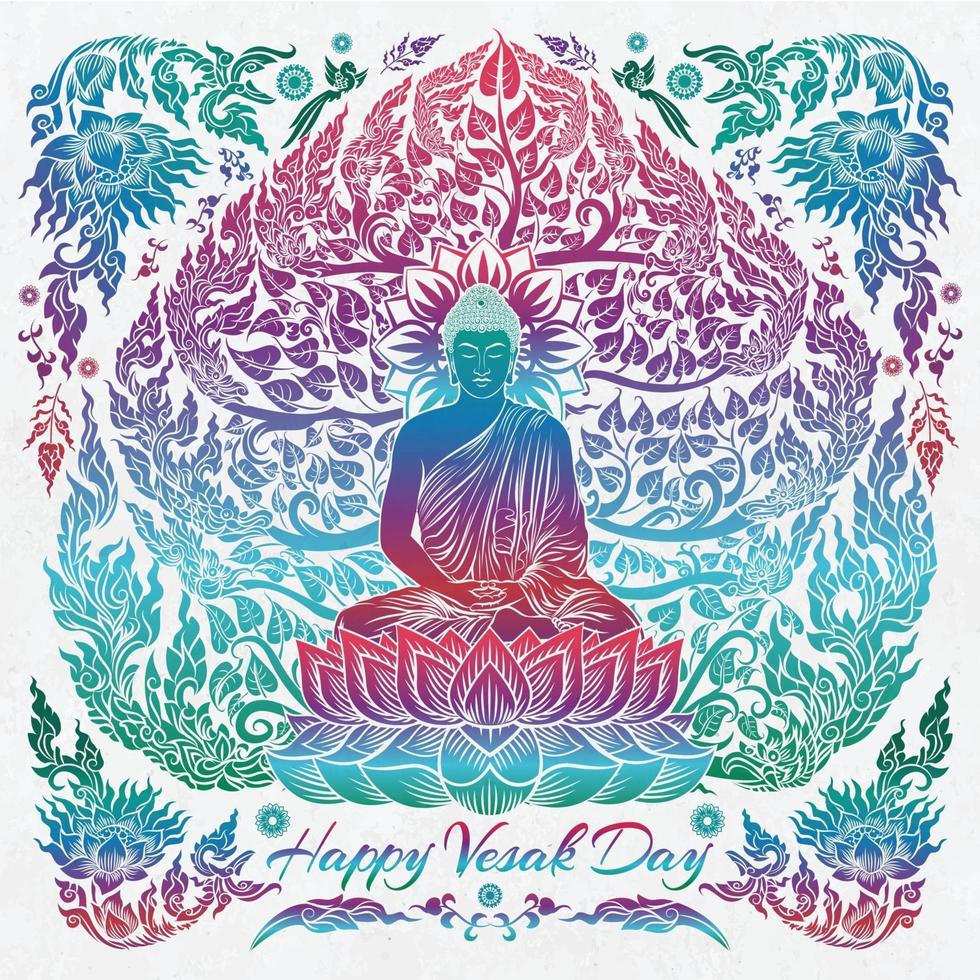 feliz día vesak con buda y árbol bodhi vector