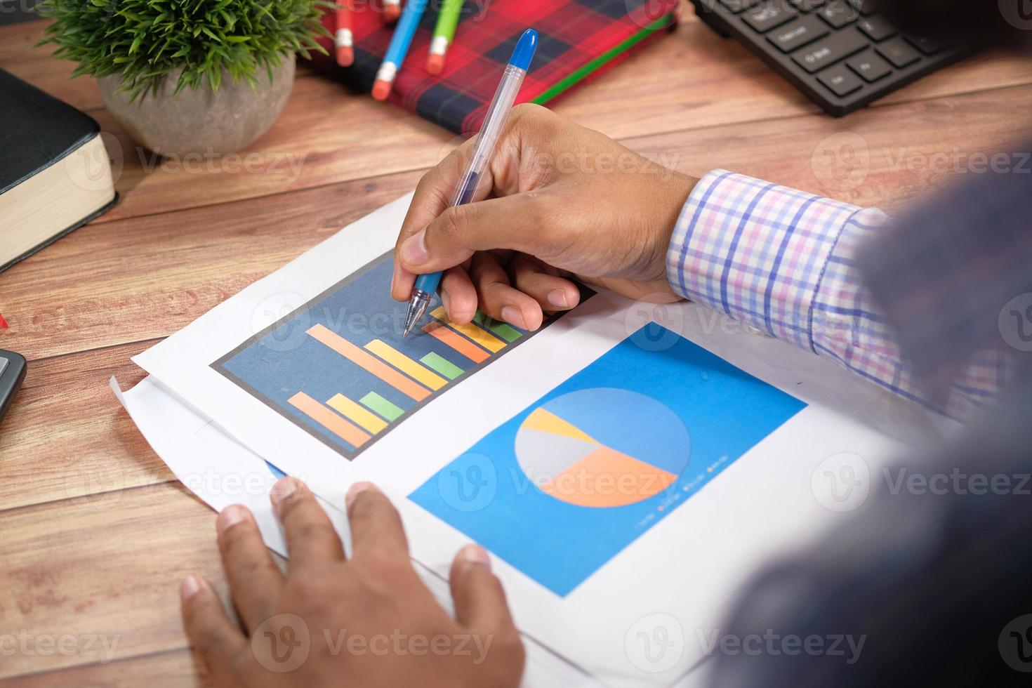 Rear view of man's hand analyzing bar charts photo