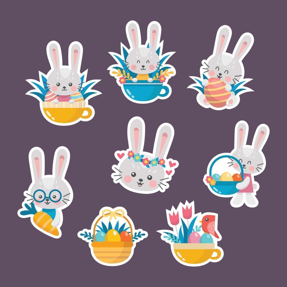 Easter Bunny with Eggs and Flower Sticker Collection vector