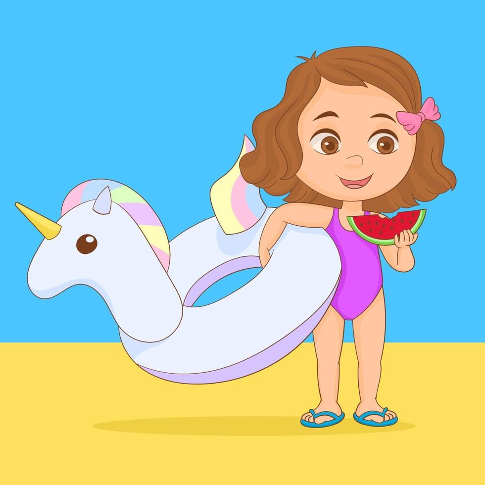 niña en la playa con su unicornio inflable comiendo una jugosa sandía vector