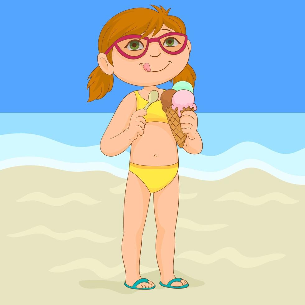 niña en la playa disfrutando de un delicioso helado vector