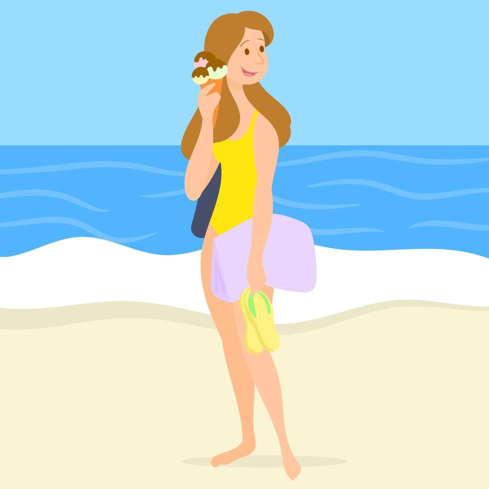 Woman eating ice cream at the beach. vector