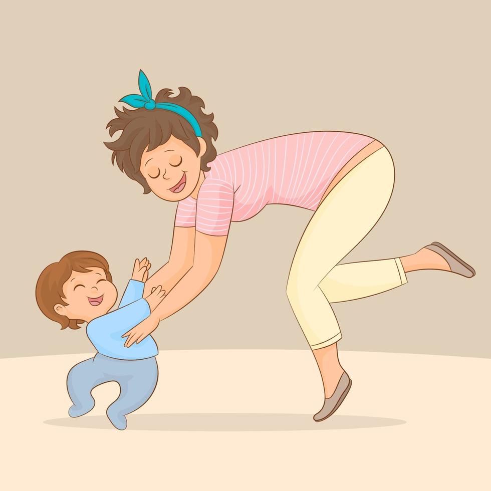 Mother teaching her baby to walk. Baby takes his first steps in her mother's arms vector