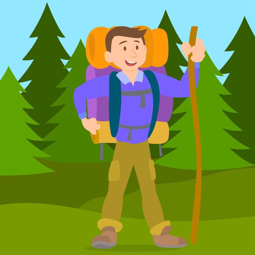 Hiking man with backpack walking outdoor vector