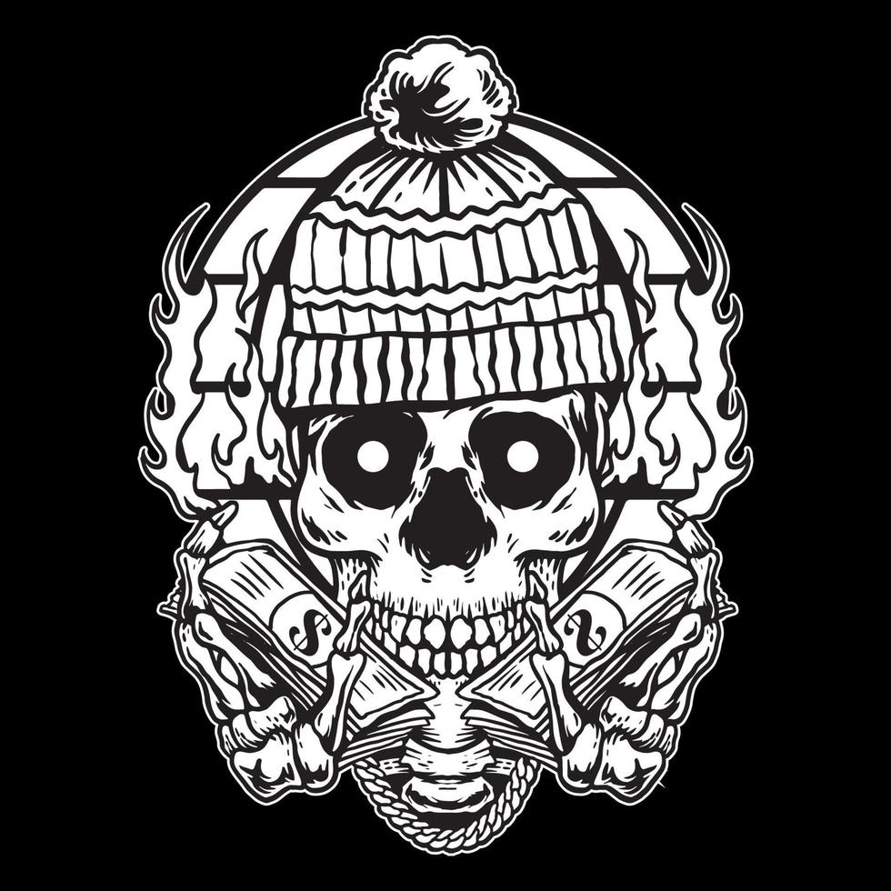 calavera con dinero handrawing en blanco y negro vector