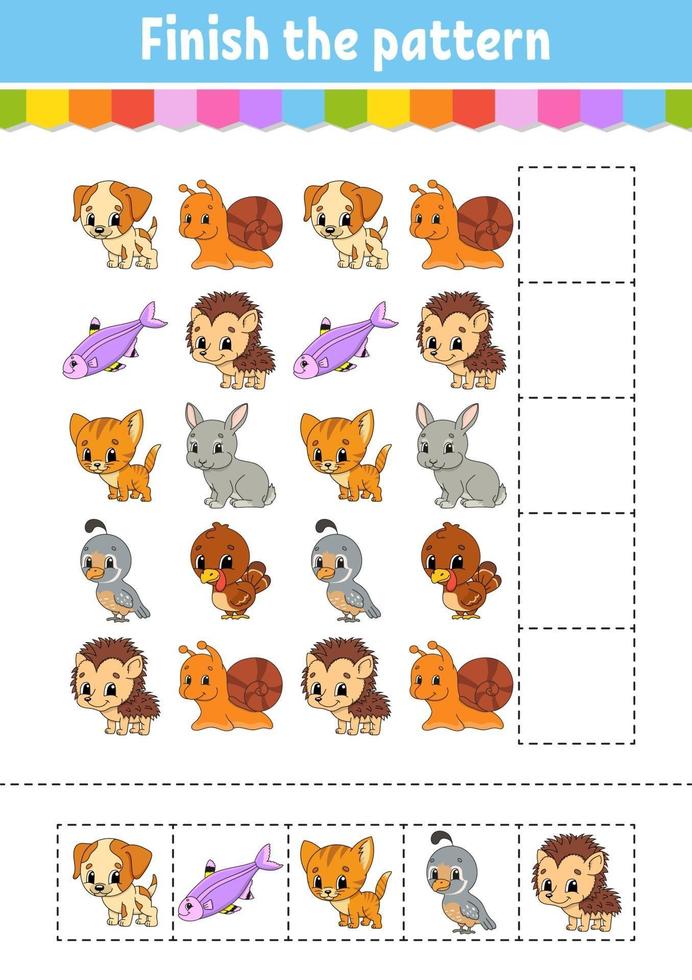 Finish the pattern. Cut and play. Education developing worksheet. Activity page. Cartoon character. vector