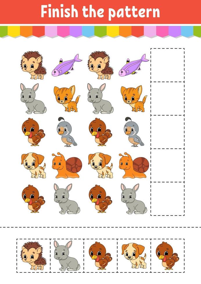 Finish the pattern. Cut and play. Education developing worksheet. Activity page. Cartoon character. vector