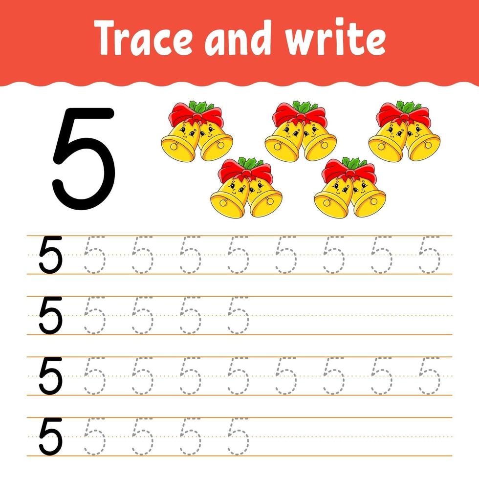 Learn Number 5. Trace and write. Winter theme. Handwriting practice. Learning numbers for kids. Education developing worksheet. Color activity page. Isolated vector illustration in cute cartoon style.