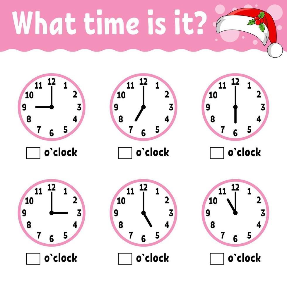 Learning time on the clock. Winter theme. Educational activity worksheet for kids and toddlers. Game for children. Simple flat isolated color vector illustration in cute cartoon style.