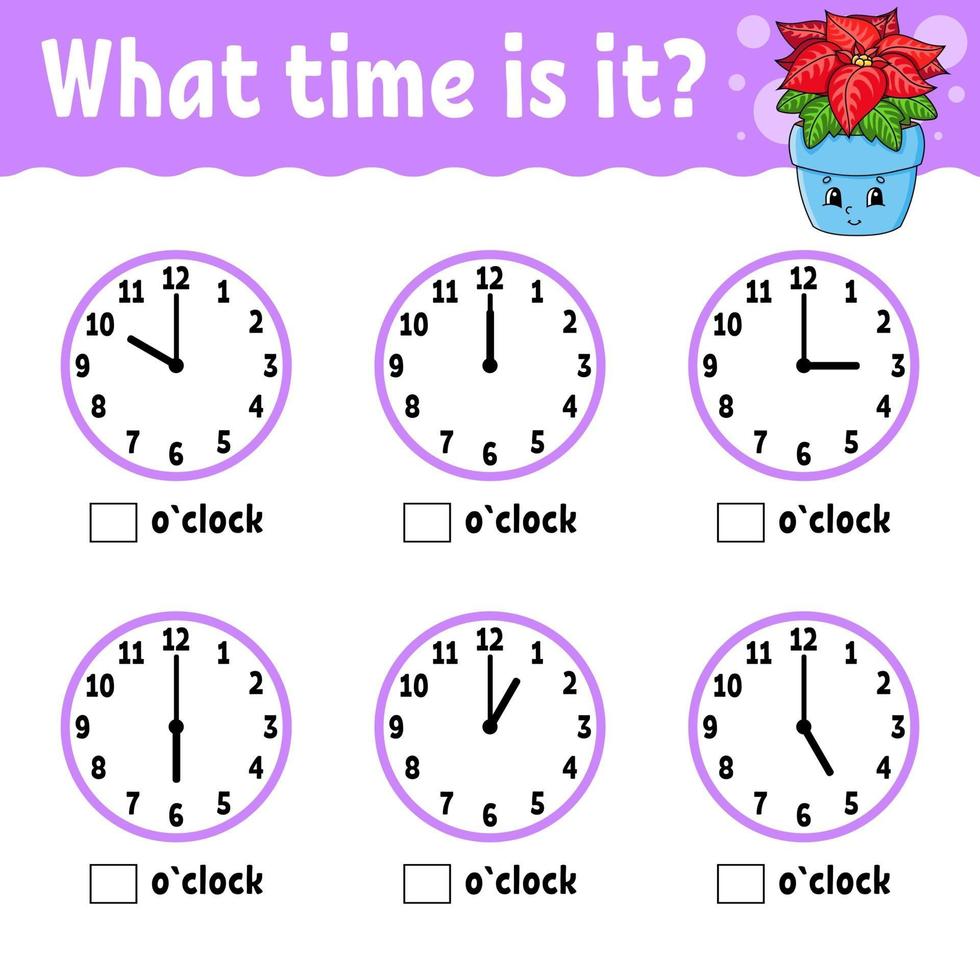 Learning time on the clock. Winter theme. Educational activity worksheet for kids and toddlers. Game for children. Simple flat isolated color vector illustration in cute cartoon style.