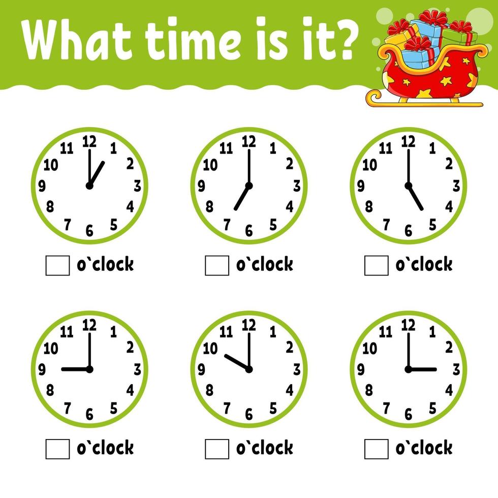 Learning time on the clock. Winter theme. Educational activity worksheet for kids and toddlers. Game for children. Simple flat isolated color vector illustration in cute cartoon style.