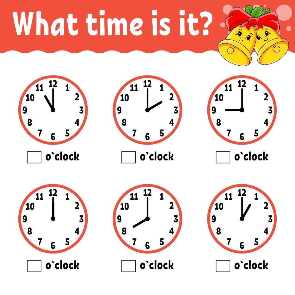 Learning time on the clock. Winter theme. Educational activity worksheet for kids and toddlers. Game for children. Simple flat isolated color vector illustration in cute cartoon style.