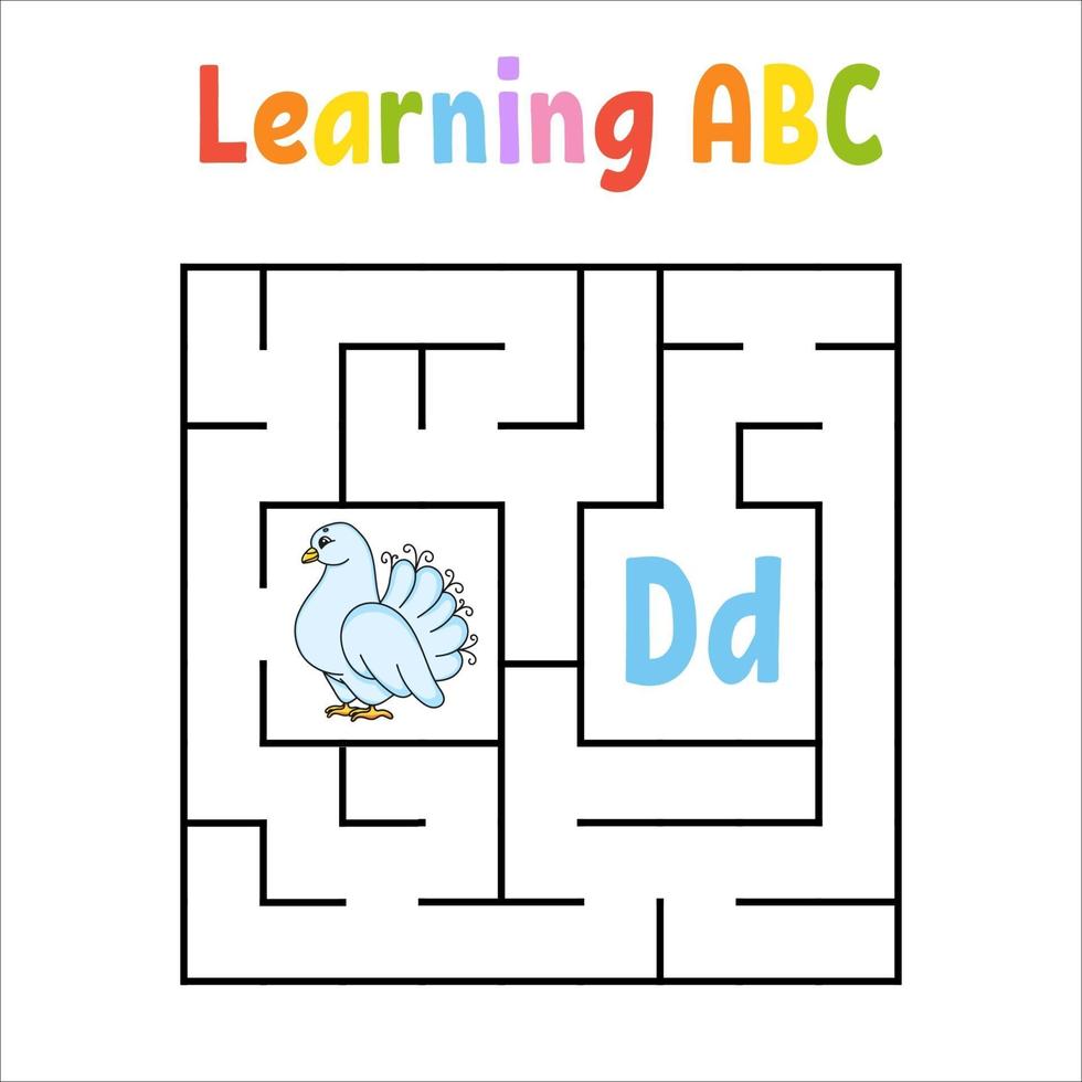 Square maze. Game for kids. Quadrate labyrinth. Education worksheet. Activity page. Learning English alphabet. Cartoon style. Find the right way. Color vector illustration.