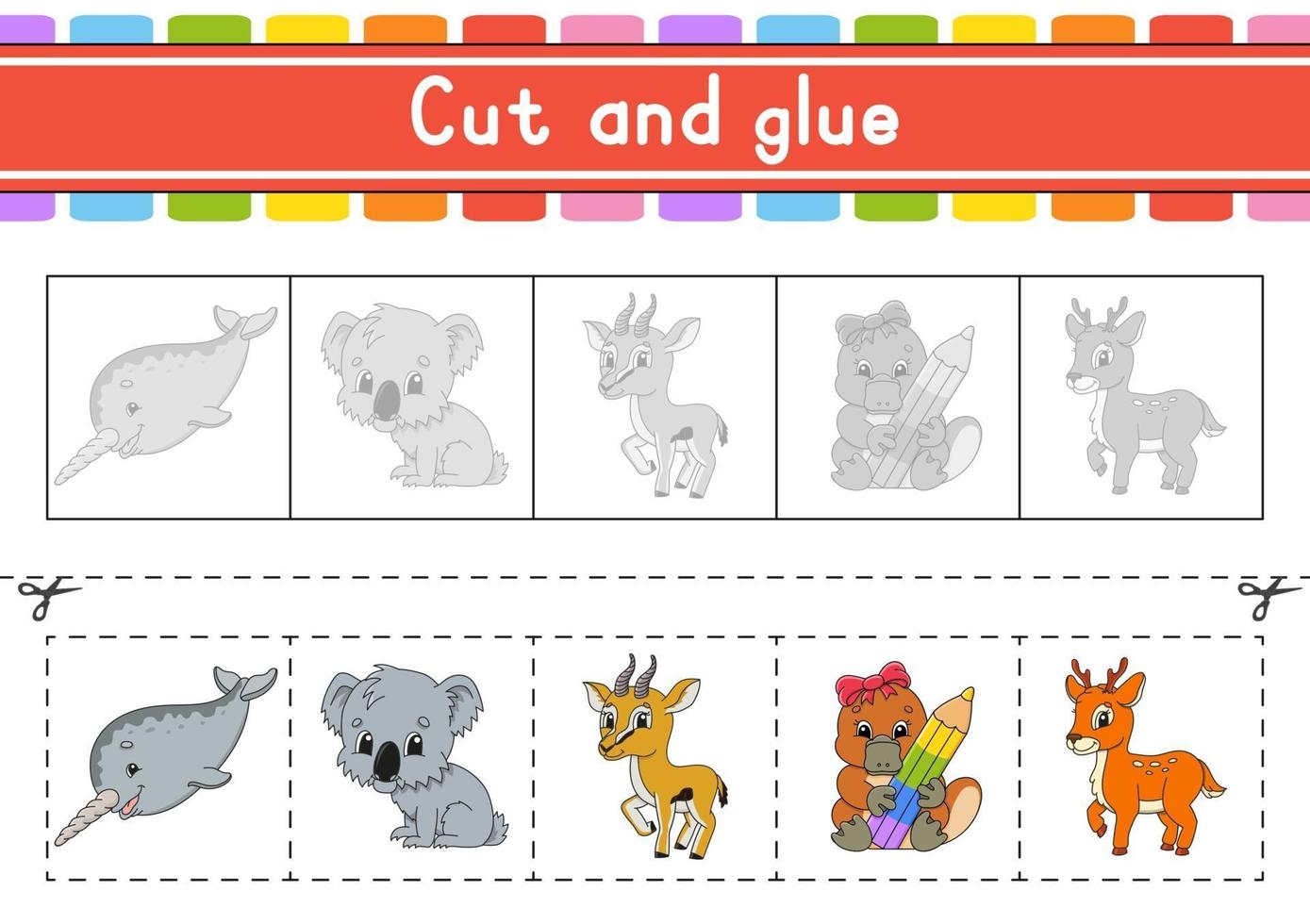 Cut and play. Paper game with glue. Flash cards. Education worksheet. Activity page. Scissors practice. Isolated vector illustration. Cartoon style.