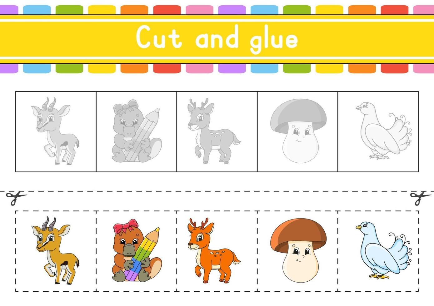 Cut and play. Paper game with glue. Flash cards. Education worksheet. Activity page. Scissors practice. Isolated vector illustration. Cartoon style.