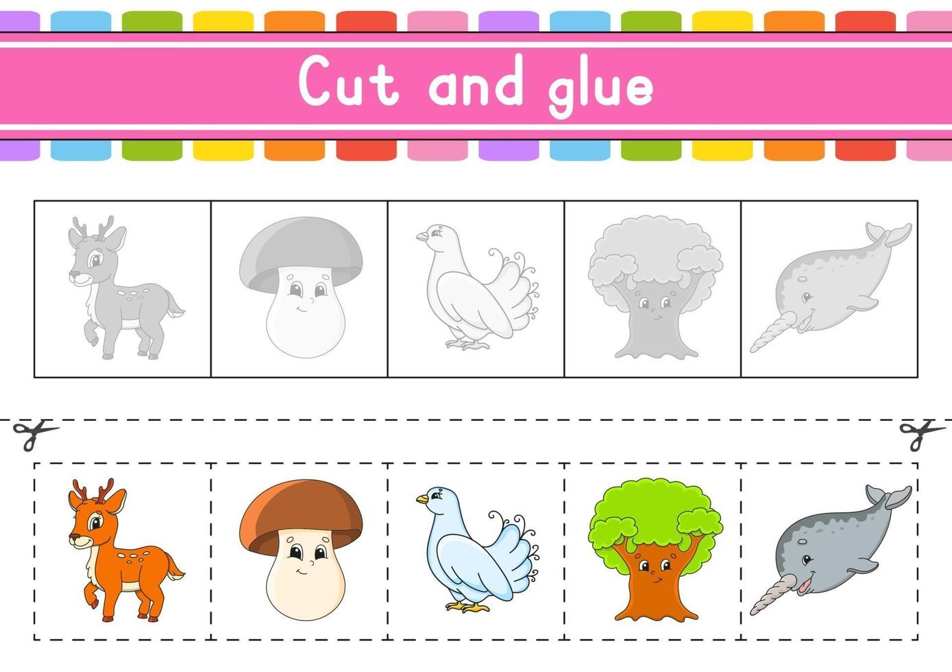 Cut and play. Paper game with glue. Flash cards. Education worksheet. Activity page. Scissors practice. Isolated vector illustration. Cartoon style.