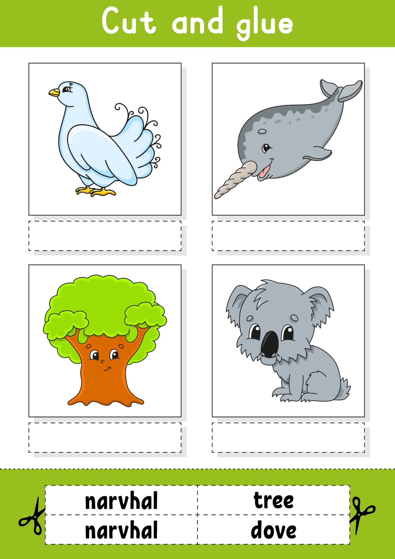 cut and glue game for kids learn english words education developing worksheet color activity page cartoon character 2166915 vector art at vecteezy
