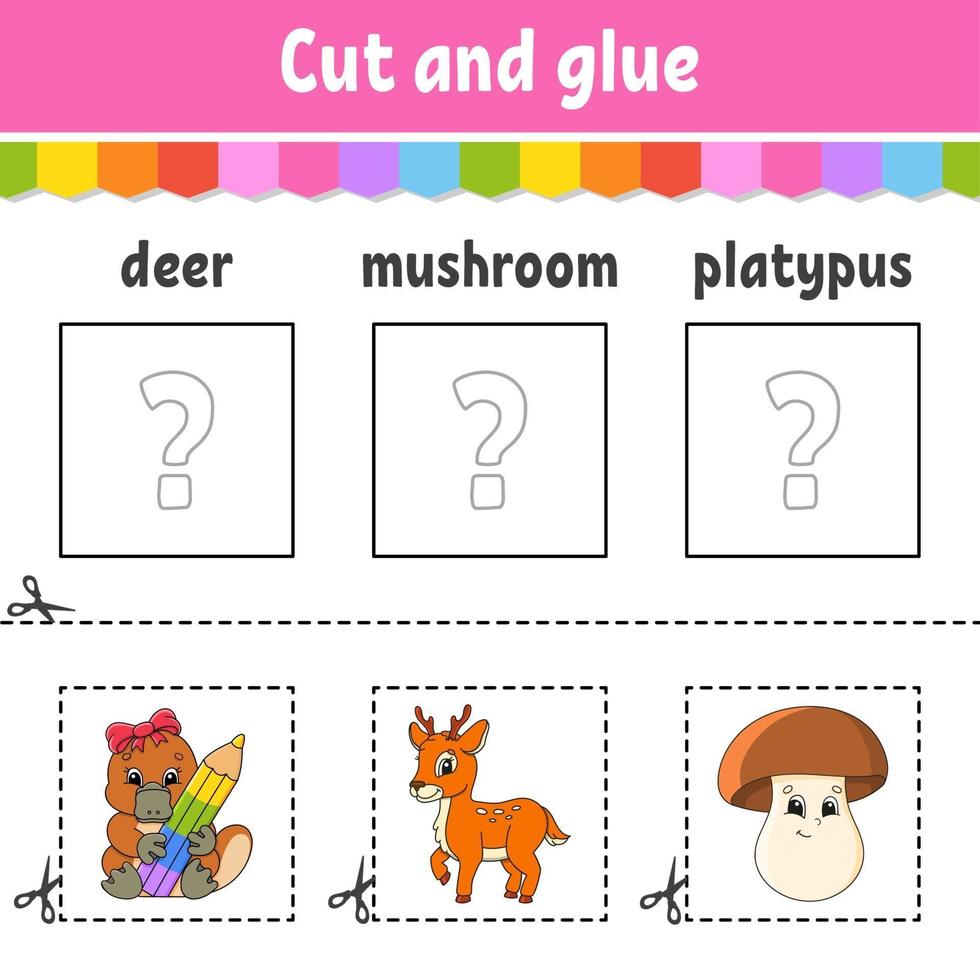 Cut and glue. Game for kids. Learn English words. Education developing worksheet. Color activity page. Cartoon character. vector