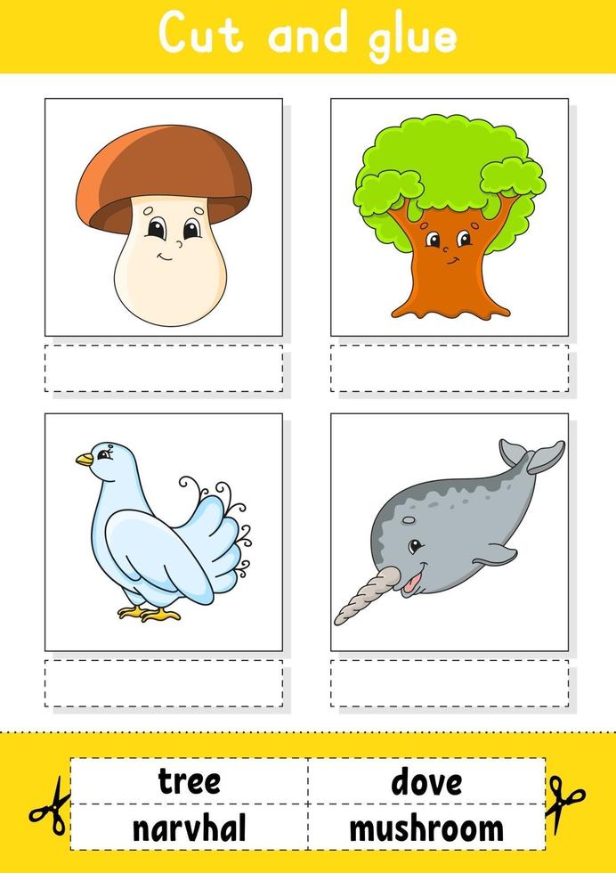 cut and glue game for kids learn english words education developing worksheet color activity page cartoon character 2166918 vector art at vecteezy