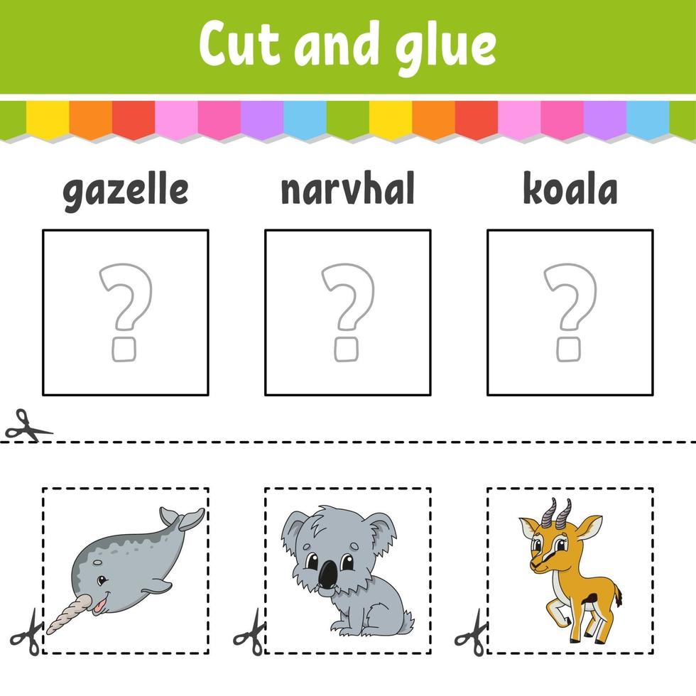 Cut and glue. Game for kids. Learn English words. Education developing worksheet. Color activity page. Cartoon character. vector
