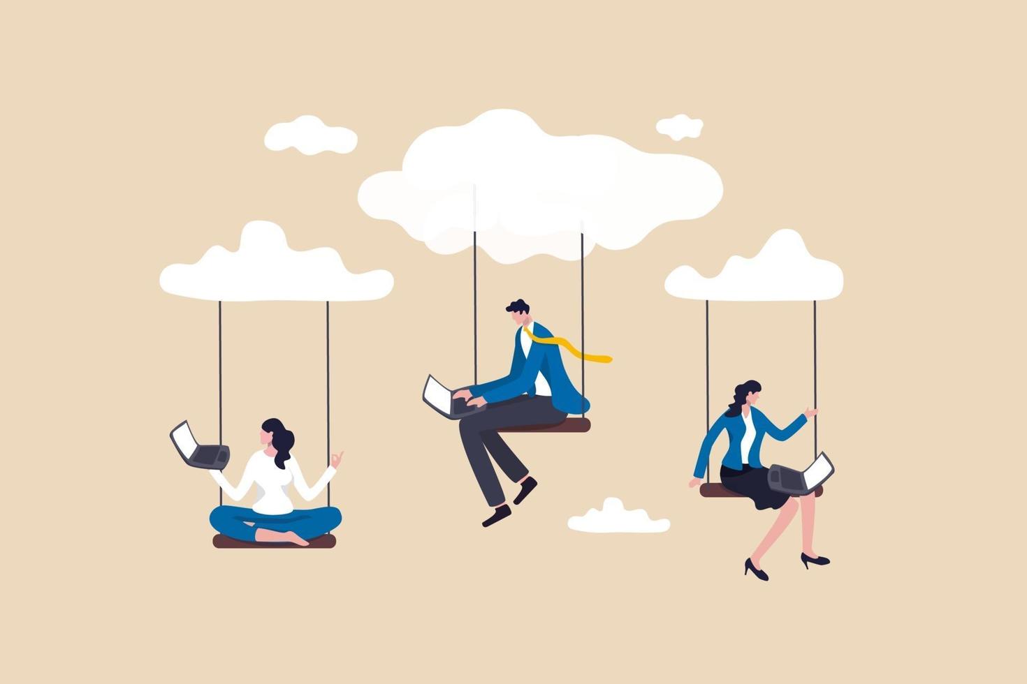 Cloud computing, remote work on company cloud infrastructure, technology to connect people concept, people businessman and woman office employees working with computer laptop on swing suspend on cloud vector