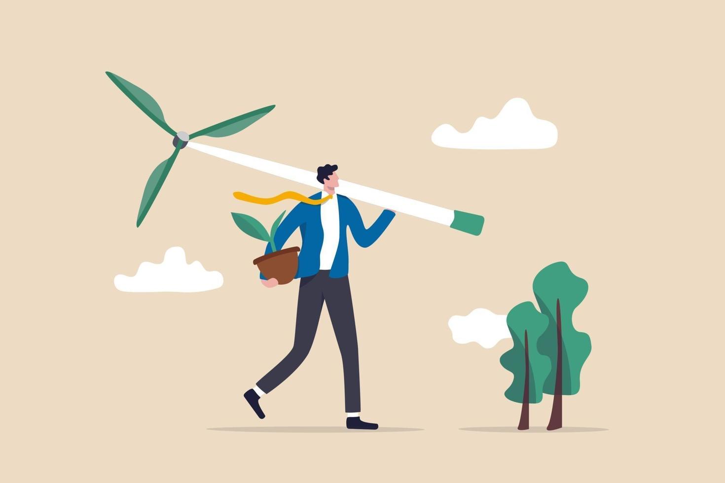 Business going green, environment eco friendly in climate change crisis or sustainability concept, smart businessman carrying wind turbine and plant seedling going to create green energy. vector