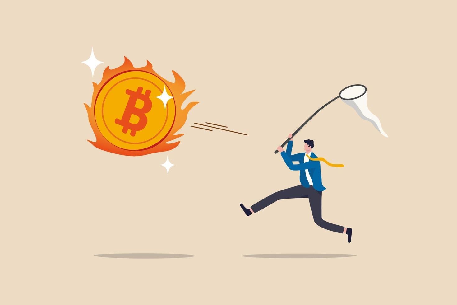 Chasing high performance bitcoin crypto currency in bull market, greedy speculation in Bitcoin trading concept, greedy businessman investor chasing try to catch hot fire flying bitcoin. vector