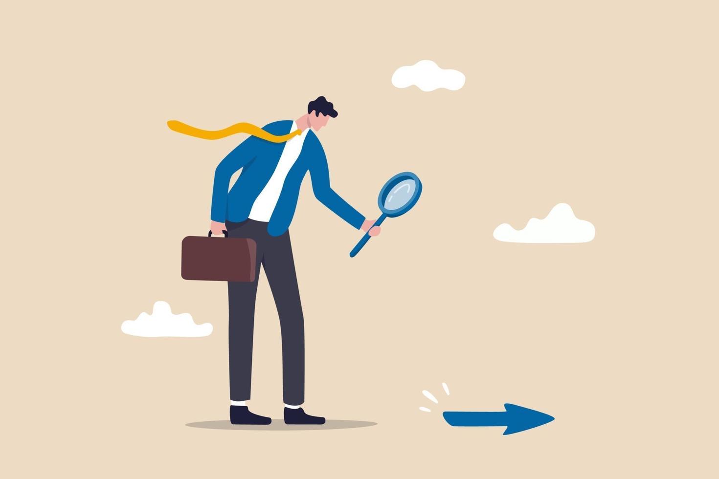 Searching for business direction, strategy or discover business opportunity or solution for work difficulty concept, businessman leader using magnifying glass to discover arrow on the floor. vector