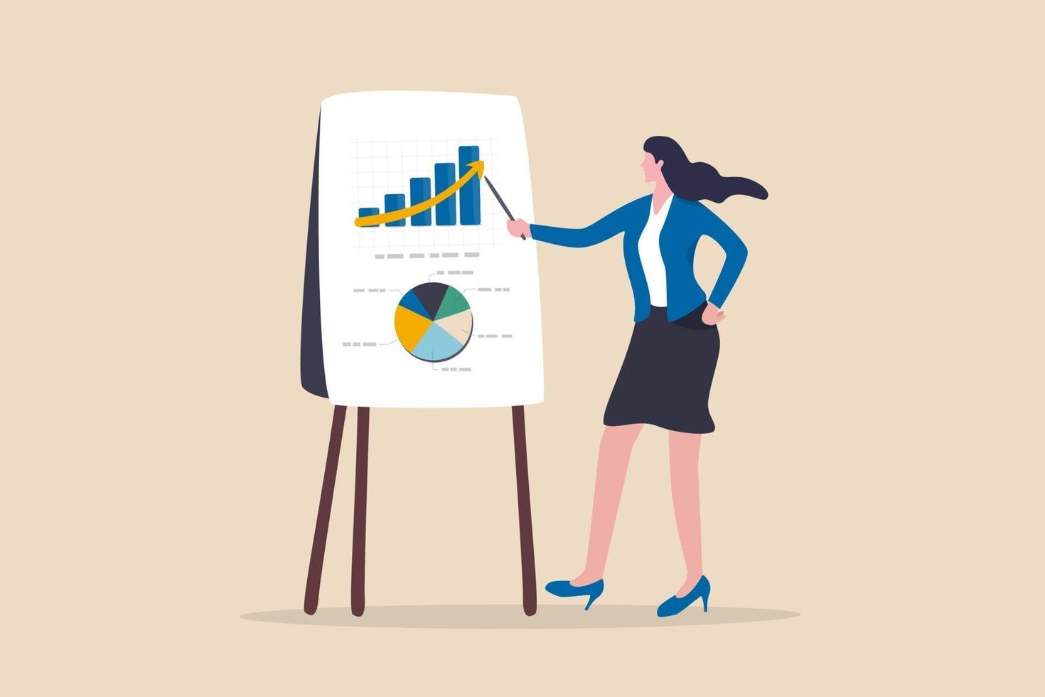 Financial data analysis report, statistic or economic research concept, businesswoman presenting graph and chart on board in the meeting. vector