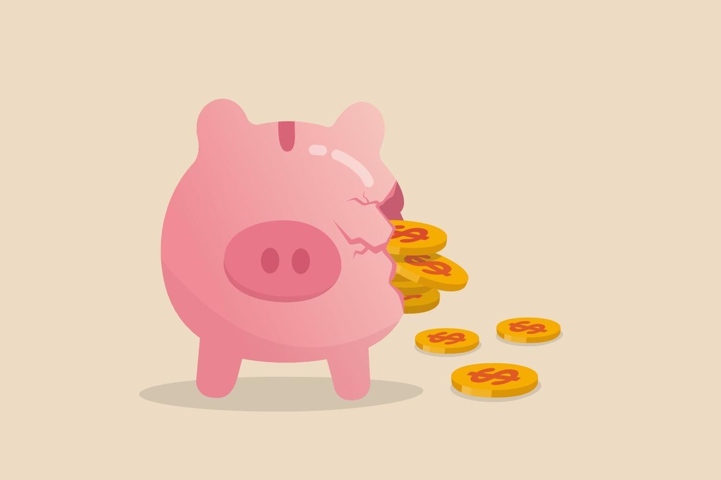 Money loss from investment failure, bad habit problem in personal finance, debt crisis or inflation money reduction concept, depress sadness broken pink piggy bank with money dollar coins pouring out. vector