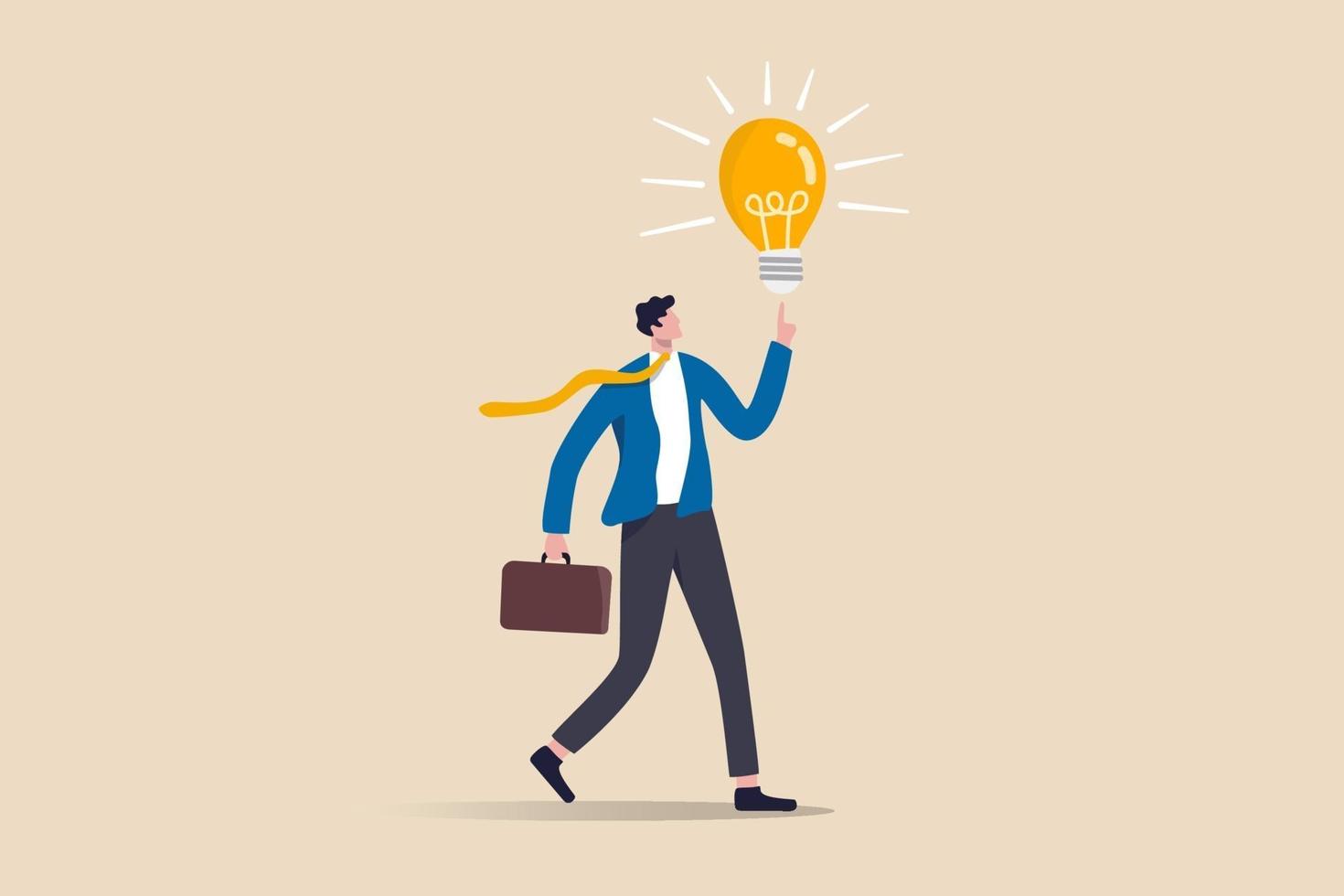 Business idea, businessman company leader got solution to solve business problem or creativity thinking concept, smart businessman holding suitcase thinking and got bright lightbulb lamp on his finger vector