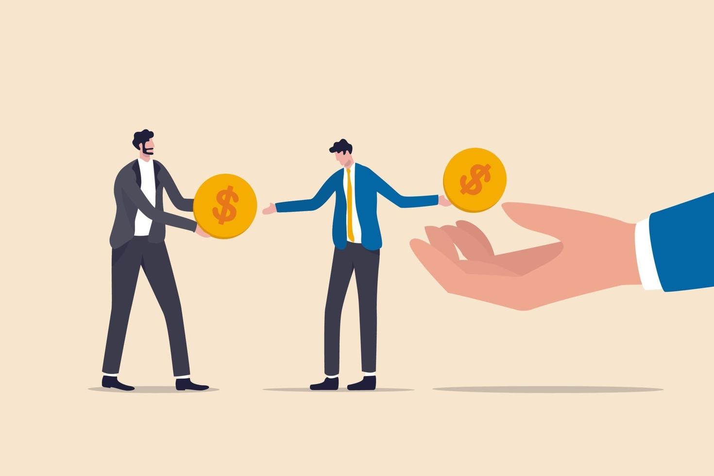Living paycheck to paycheck, financial problem, get monthly income to pay for debt and loan or monthly expense concept, exhausted businessman salary man get dollar coin and pay it for creditor debt. vector