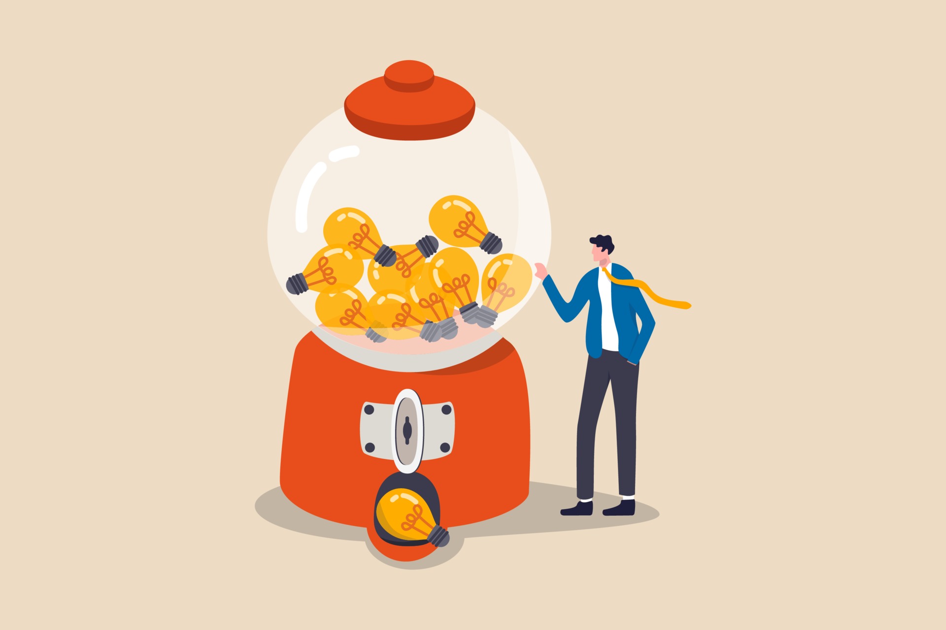 Business ideas, creativity, start up and entrepreneur or innovation light bulb symbol concept, smart businessman with a lot of ideas standing with gumball machine with abundance of lightbulb ideas. 2167202 Vector Art Business ideas, creativity, start up and entrepreneur or innovation light bulb symbol concept, smart businessman with a lot of ideas standing with gumball machine with abundance of lightbulb ideas. 2167202 Vector Art