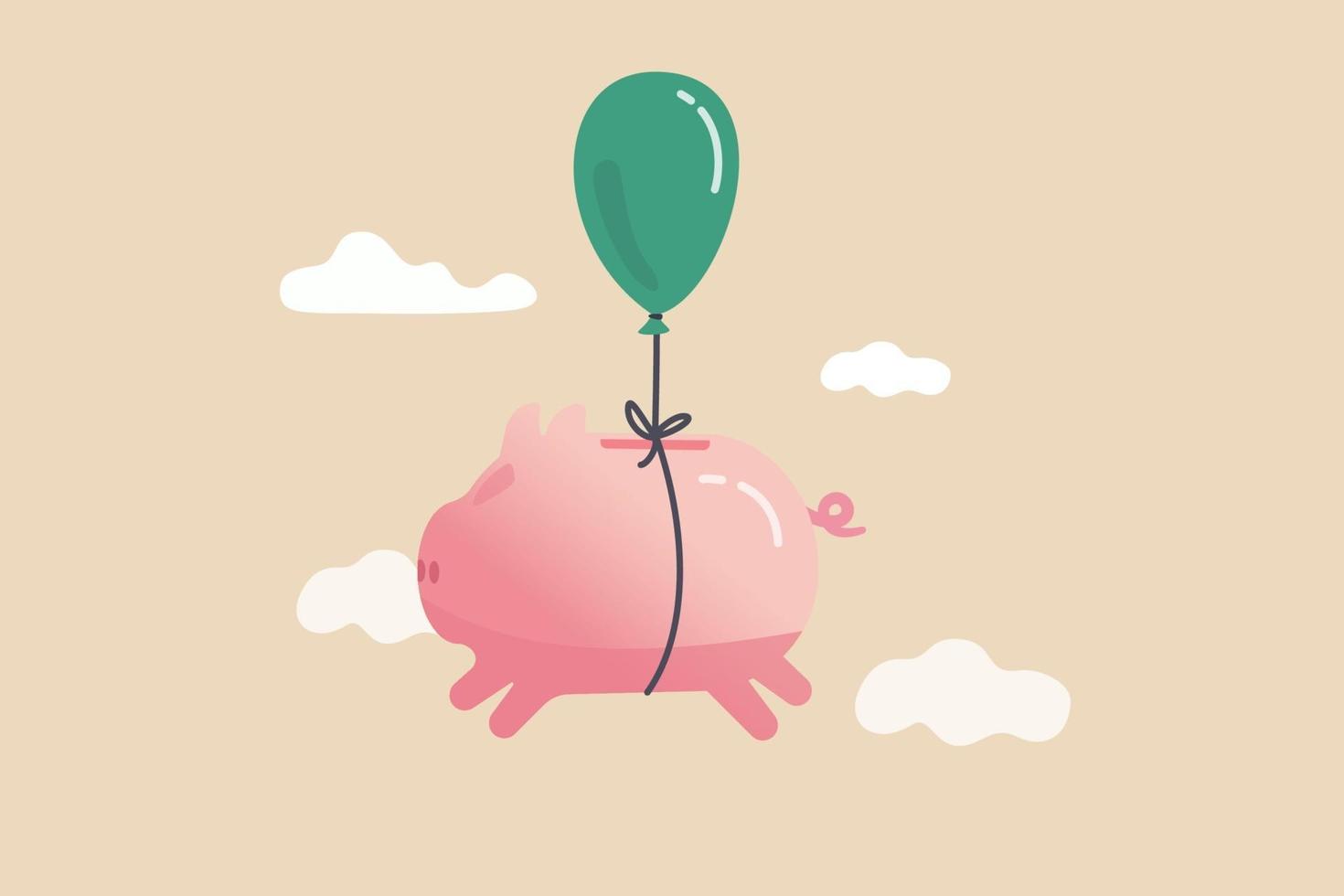 libertad financiera, crecimiento, ahorro para la jubilación o aumento de la inversión en beneficios para el concepto de éxito financiero, feliz y linda hucha rosa flotando hacia la libertad en el cielo estilo minimalista. vector