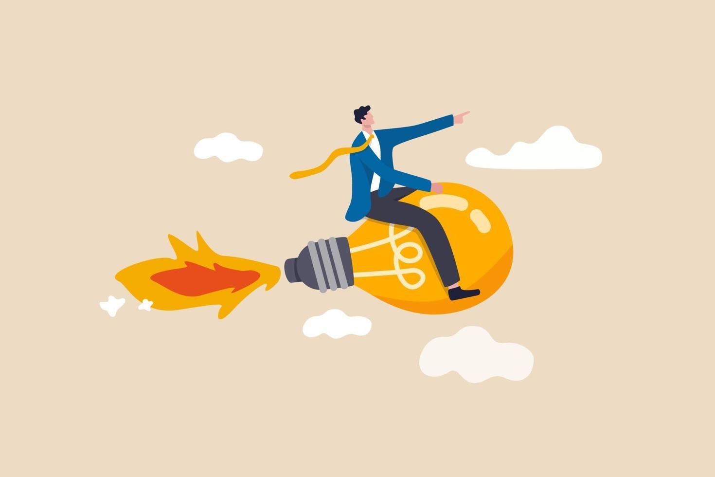 Creative new idea, innovation start up business or inspiration to achieve success goal concept, happy smart businessman leader riding flying bright lightbulb lamp with rocket booster in the cloud sky. vector