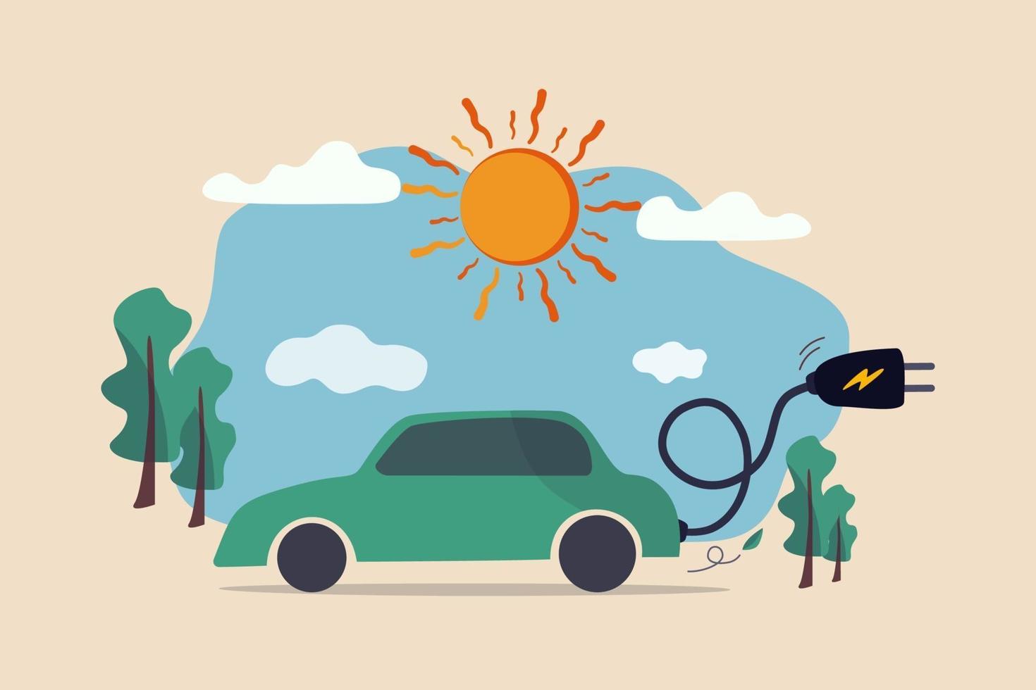 ev, coche eléctrico, energía limpia, respetuoso con el medio ambiente o tecnología de alta tecnología que utiliza energía solar reutilizable para alimentar el concepto de coche de batería, coche eléctrico con cable de alimentación y enchufe eléctrico con árbol natural y sol. vector