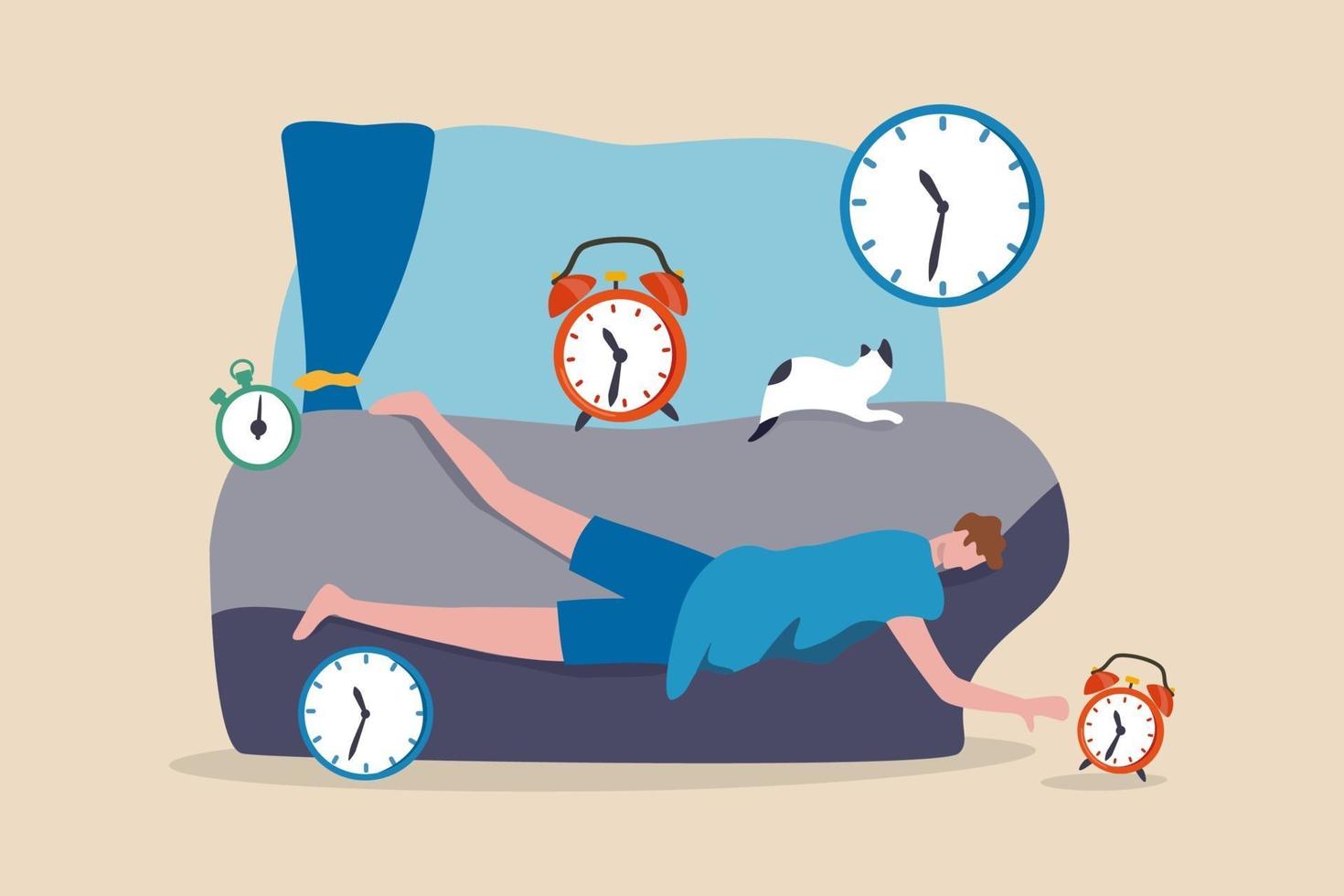 Laziness, low energy overworked man or unproductive procrastination concept, office man sleeping with no power cannot wake up in the morning after fatigue overwork low moral don't want to go to work. vector