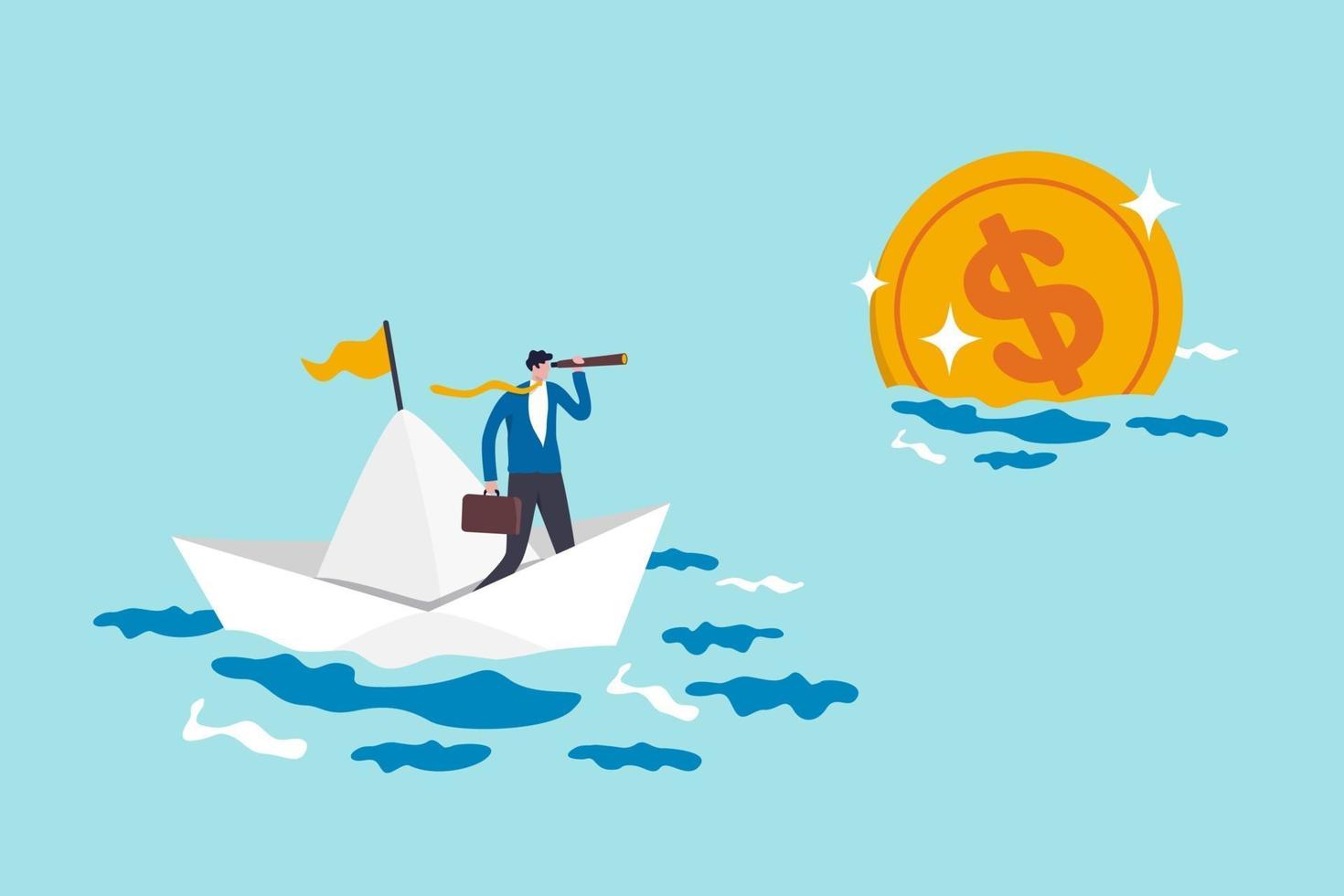 Financial planning target, vision and strategy for financial freedom or retirement saving goal concept, businessman salary man investor riding the boat using telescope to see far golden money coin. vector
