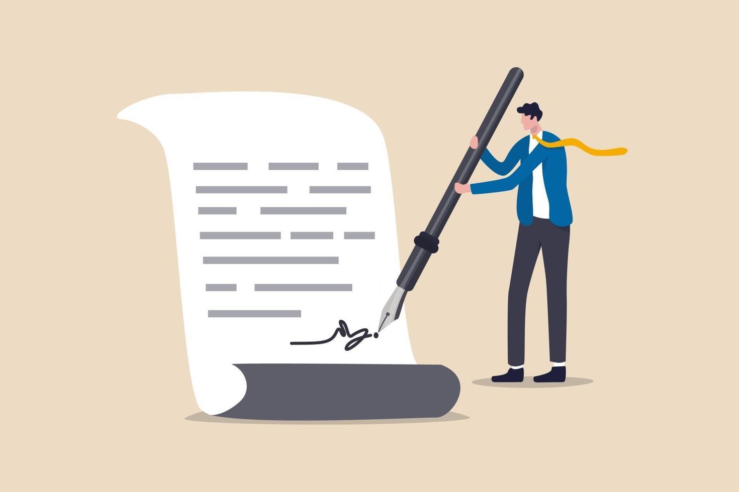 Business deal, agreement, sign contract and paperwork for banking loan, mortgage or government policy, confidence businessman leader or client using fountain pen signing his signature on paperwork. vector