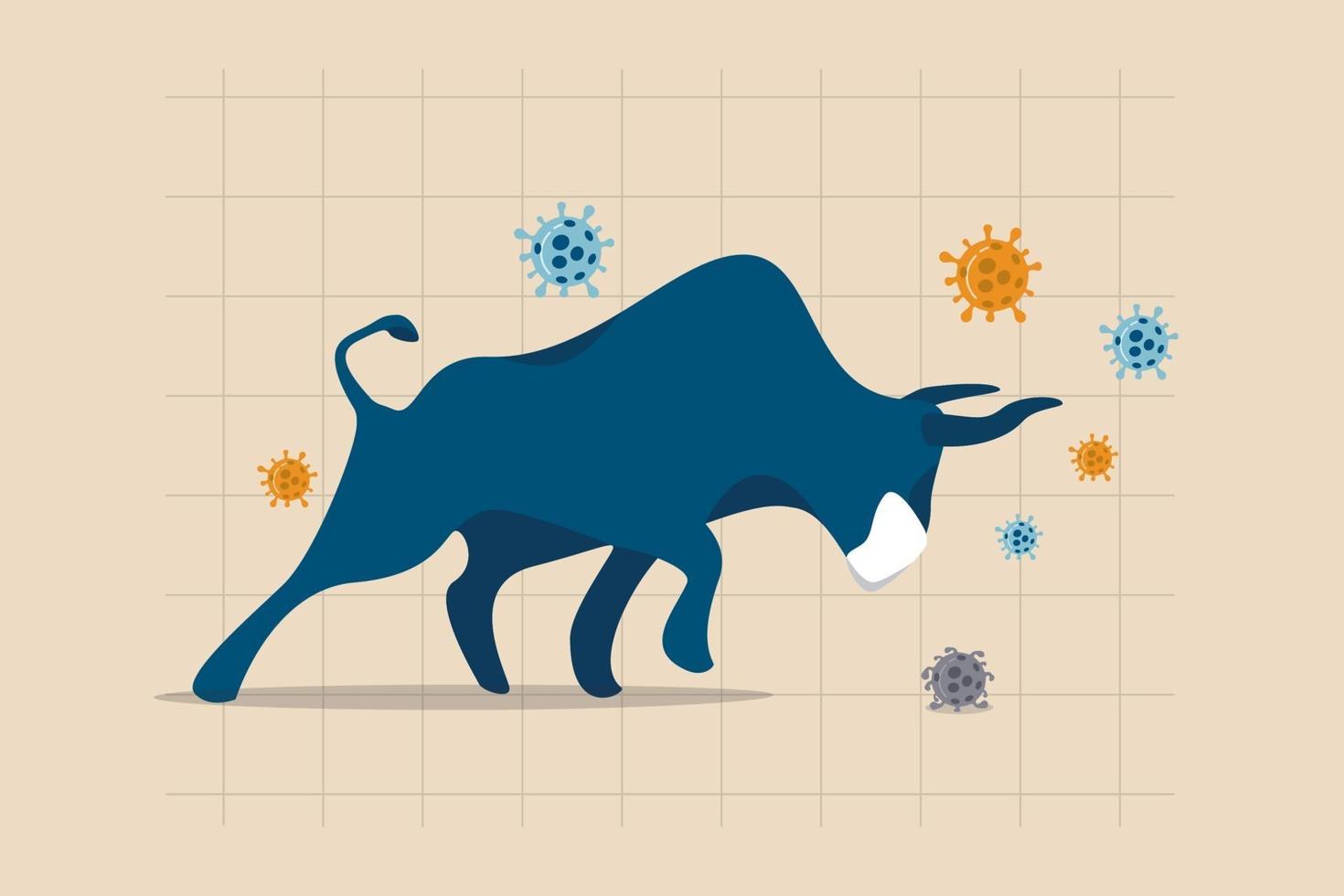 Bull market in COVID-19 outbreak, stock market recover from Coronavirus crisis or economic stimulus make stock price rising concept, raging bull wearing face mask on chart and graph, virus pathogen. vector