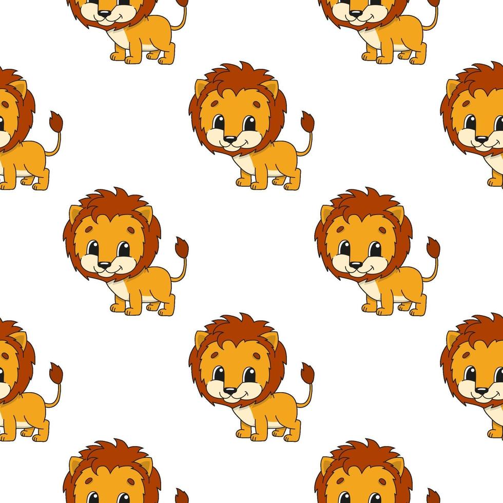 Color seamless pattern lion. Cartoon style. Bright design. For walpaper, poster, banner. Hand drawn. Vector illustration isolated on white background.