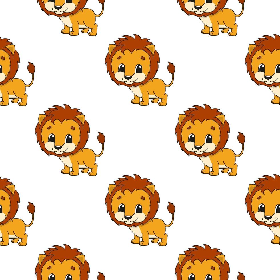 Color seamless pattern lion. Cartoon style. Bright design. For walpaper, poster, banner. Hand drawn. Vector illustration isolated on white background.