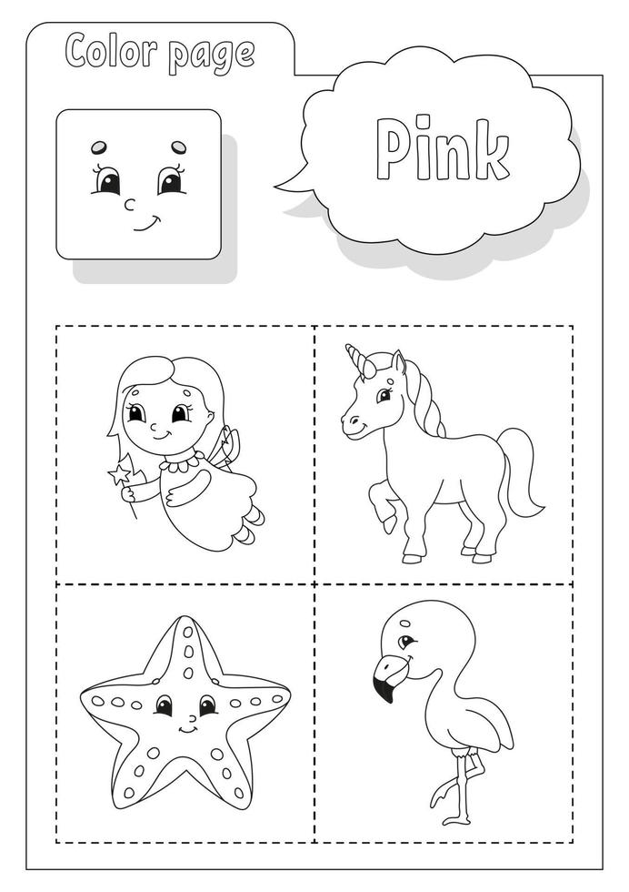 Coloring book pink. Learning colors. Flashcard for kids. Cartoon characters. Picture set for preschoolers. Education worksheet. Vector illustration.